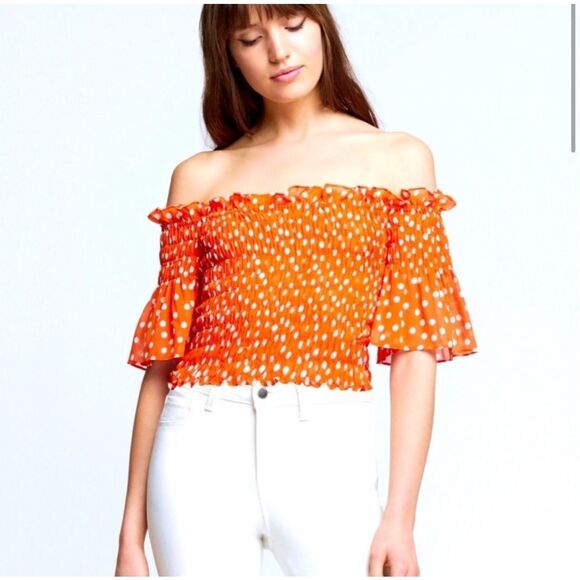 L’AGENCE Bexley Off The Shoulder Smocked Blouse SZ XS TALL Orange Polka Dot $260 - Picture 1 of 6
